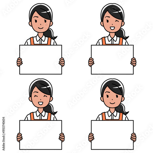 フリップを持つエプロン姿の東南アジア系女性のイラスト