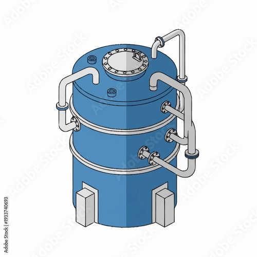 Industrial blue cylindrical tank with pipes and fittings.