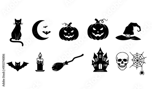 Vintage Halloween Silhouette Icon Bundle with Retro Black Cats and Spooky Elements