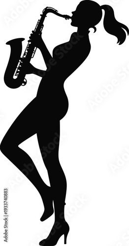 Silhouette of a beautiful woman playing the saxophone, jazz musician performing on stage, musical entertainment, artistic performance, and soul music concept.