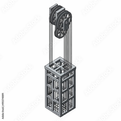 Industrial elevator machinery with pulley system and metal cage.