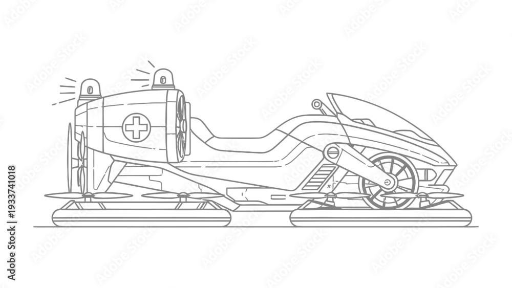 Naklejka premium Futuristic Hovercraft Rescue Vehicle: A sleek, imaginative illustration of a futuristic hovercraft rescue vehicle, engineered for rapid response and emergency situations.
