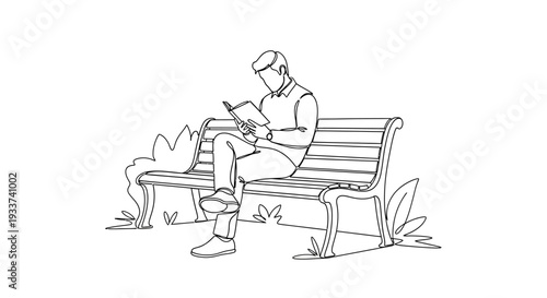 Man Reading Book on Park Bench Line Art Illustration