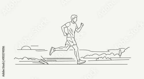 Man running outdoors at sunrise, simple line art illustration