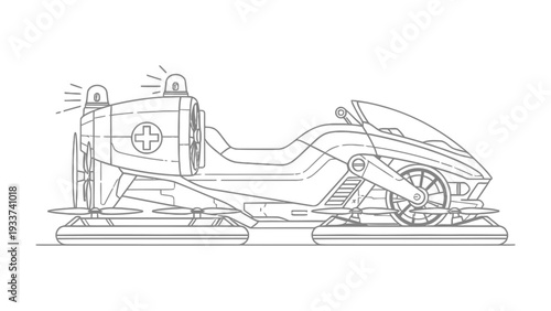 Futuristic Hovercraft Rescue Vehicle: A sleek, imaginative illustration of a futuristic hovercraft rescue vehicle, engineered for rapid response and emergency situations.