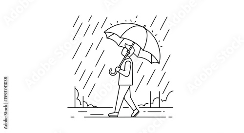 Man Walking with Umbrella in Rain - Line Art Illustration