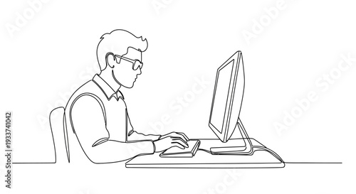 Man Typing on Computer, Line Art Illustration