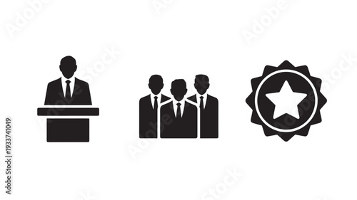 Vector Illustration Of Businessman Speaking At Podium With Team And Quality Award For Corporate Excellence Concept