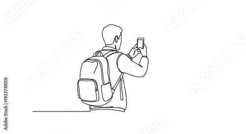 Man with Backpack Taking Photo with Smartphone, Digital Art Line Drawing