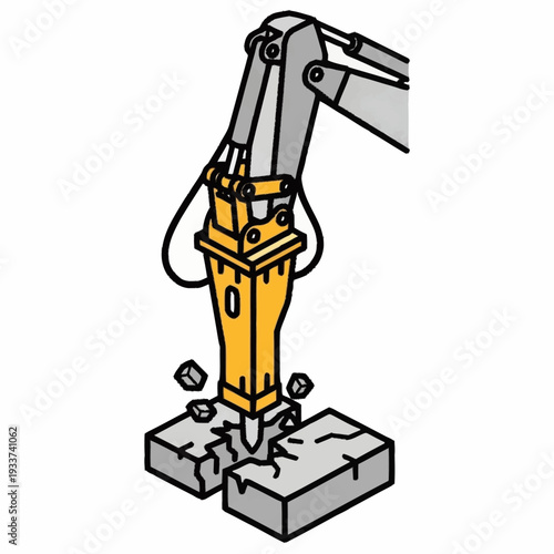 Demolition Excavator Breaking Concrete with Hydraulic Hammer.