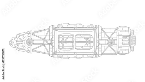 Detailed Spaceship Blueprint: A meticulous overhead view showcases the intricate design of a futuristic spacecraft, revealing its structural components and internal layout in precise detail.