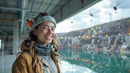 Woman wearing VR headset stadium drones.