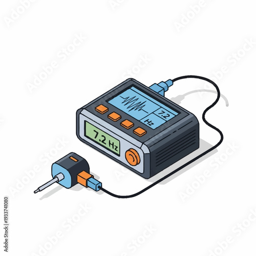 Digital vibration meter device with sensor and cable for measuring frequency.