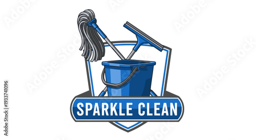 Sparkle Clean Logo with Mop, Bucket, and Squeegee for Professional Cleaning Services.