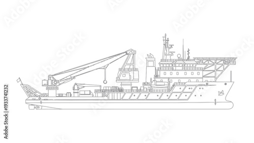 Detailed Offshore Vessel: A technical illustration captures the intricate design of a versatile offshore vessel, highlighting its robust infrastructure and specialized equipment