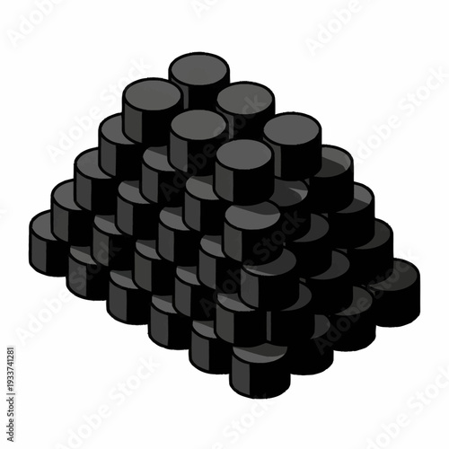 Stack of black cylindrical objects arranged in a pyramid shape.