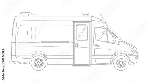 Emergency Vehicle: A detailed outline of a modern ambulance, designed for swift response in medical emergencies.