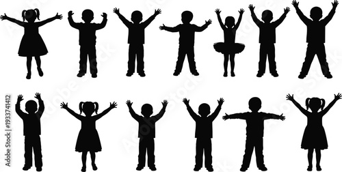 Kids Silhouettes Set With Superheroes, Karate Poses, Princesses, Singing, Photographers, Videographers, Studio Lighting Equipment, Cameras, Tripods, and Creative Childhood Play Icons.