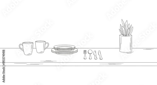 Minimalist kitchenware and potted plant line drawing illustration