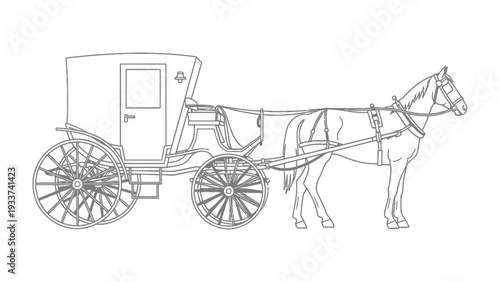 Vintage Carriage on the Road: A meticulously crafted carriage, pulled by a powerful horse, stands poised, evoking a sense of old-world charm and readiness for a journey. 