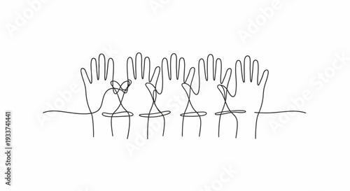 Minimalist Line Art: Diverse Hands Raised Together, Unity and Support