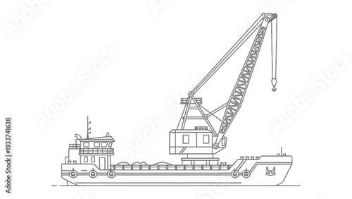 Maritime Lifter: A monochrome illustration depicts a robust cargo vessel, its deck laden with containers, being diligently serviced by a towering crane, a testament to industry and transport.