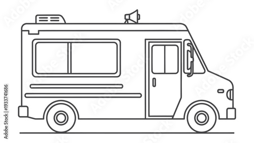 Food Truck Line Art: A detailed illustration of a food truck, ready to serve, depicted in clean, minimalist line art, perfect for culinary and commercial concepts.