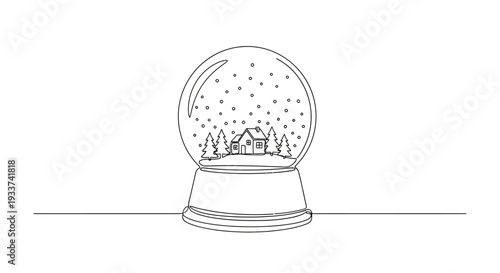 Minimalist Snow Globe with House and Trees, Single Line Drawing