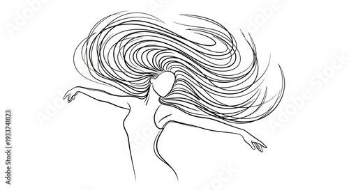 Minimalist sketch of a woman with flowing, windswept hair, arms outstretched.