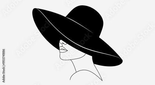 Minimalist Woman Portrait Black Wide Brim Hat Line Art Elegant Style