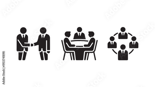 Vector Illustration Of Business People Shaking Hands, Meeting At Table And In Circle For Teamwork And Partnership Concept