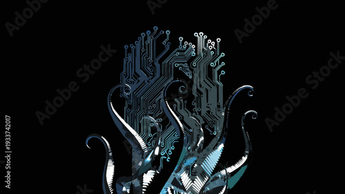 Futuristic abstract technology background with circuit board patterns and glowing effects