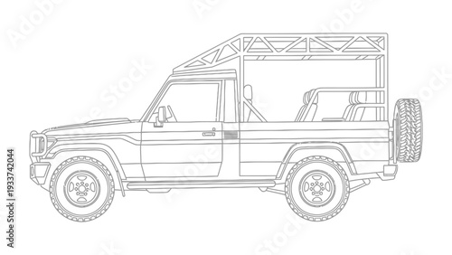 Off-Road Vehicle Blueprint: Detailed line art showcasing a rugged off-road vehicle, emphasizing its robust design, sturdy frame, and utilitarian features, ready for adventure.