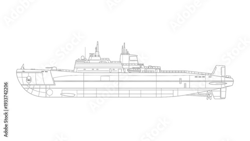 Naval Vessel Silhouette: A detailed line drawing of a modern naval vessel, showcasing its intricate design and structure, perfect for maritime enthusiasts.