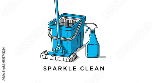 Sparkle Clean Mop Bucket and Spray Bottle Illustration.