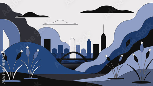 Modern abstract city skyline illustration featuring architectural structures and organic natural shapes