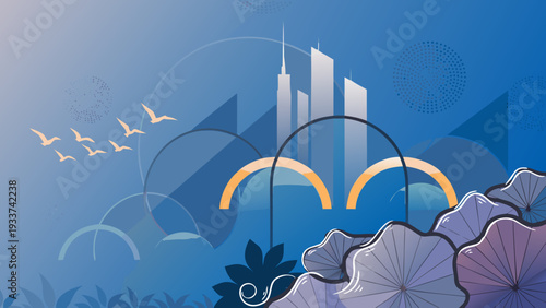 Abstract Modern Cityscape with Geometric Designs and Flying Birds on a Blue Background