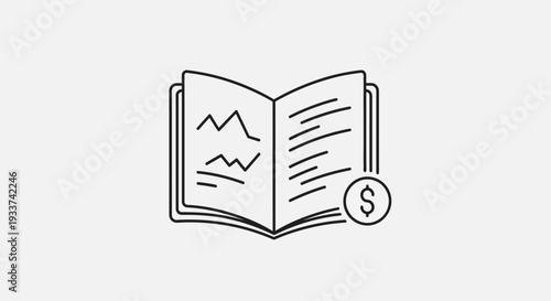 Open book with financial chart and dollar coin icon, business concept illustration