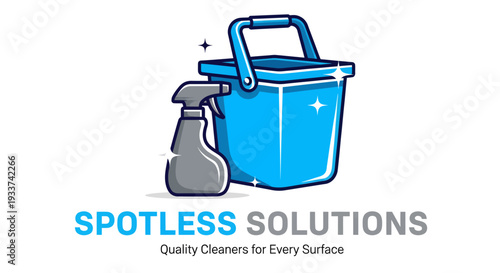 Spotless Solutions Cleaning Company Logo with Bucket and Spray Bottle.
