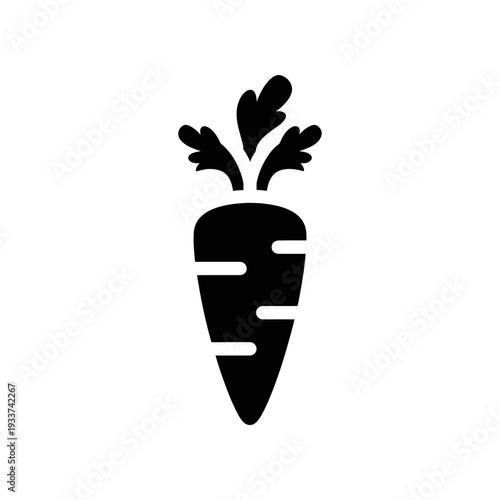 Simple black and white line art of a fresh carrot with vibrant green leaves, perfect for healthy eating and gardening designs.