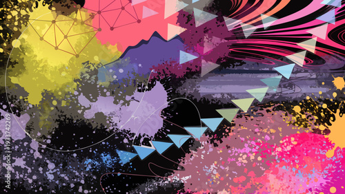 vibrant abstract artwork featuring colorful paint splashes and geometric shapes with a digital feel