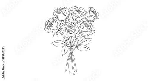 Outline Floral Bouquet of Red Roses, Romantic Line Art Illustration
