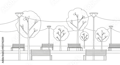 Park Bench Line Drawing with Trees and Streetlights
