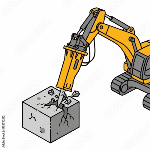 Excavator breaking concrete with hydraulic breaker attachment.