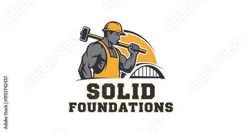 Strong construction worker with sledgehammer logo for Solid Foundations company.
