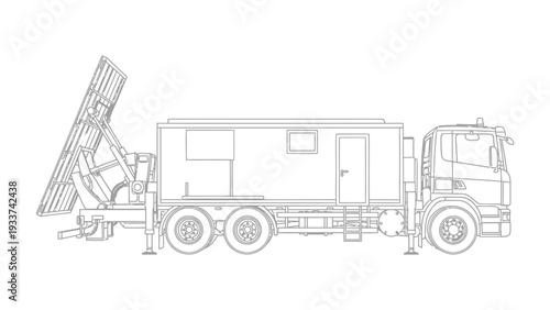 Mobile Radar System: A detailed line drawing showcases a state-of-the-art mobile radar system, revealing its intricate design and operational components. 