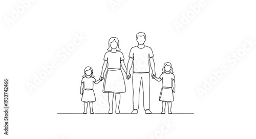 Simple Line Drawing of a Family of Four Holding Hands on White Background