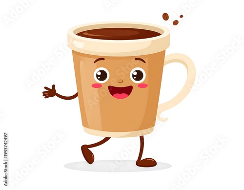Animated coffee cup with a smiling face and stick arms/legs walking on a white background