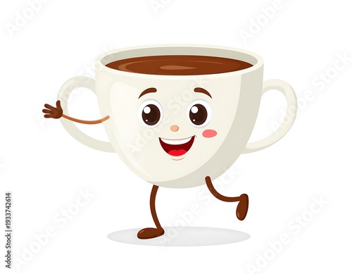 Animated white cup cheerfully prances with a brown beverage inside, set against a pristine white background