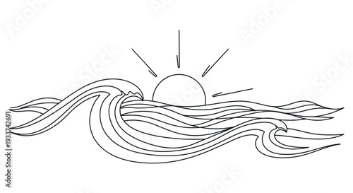 Sunrise over wavy ocean, graphic line art, minimalist design